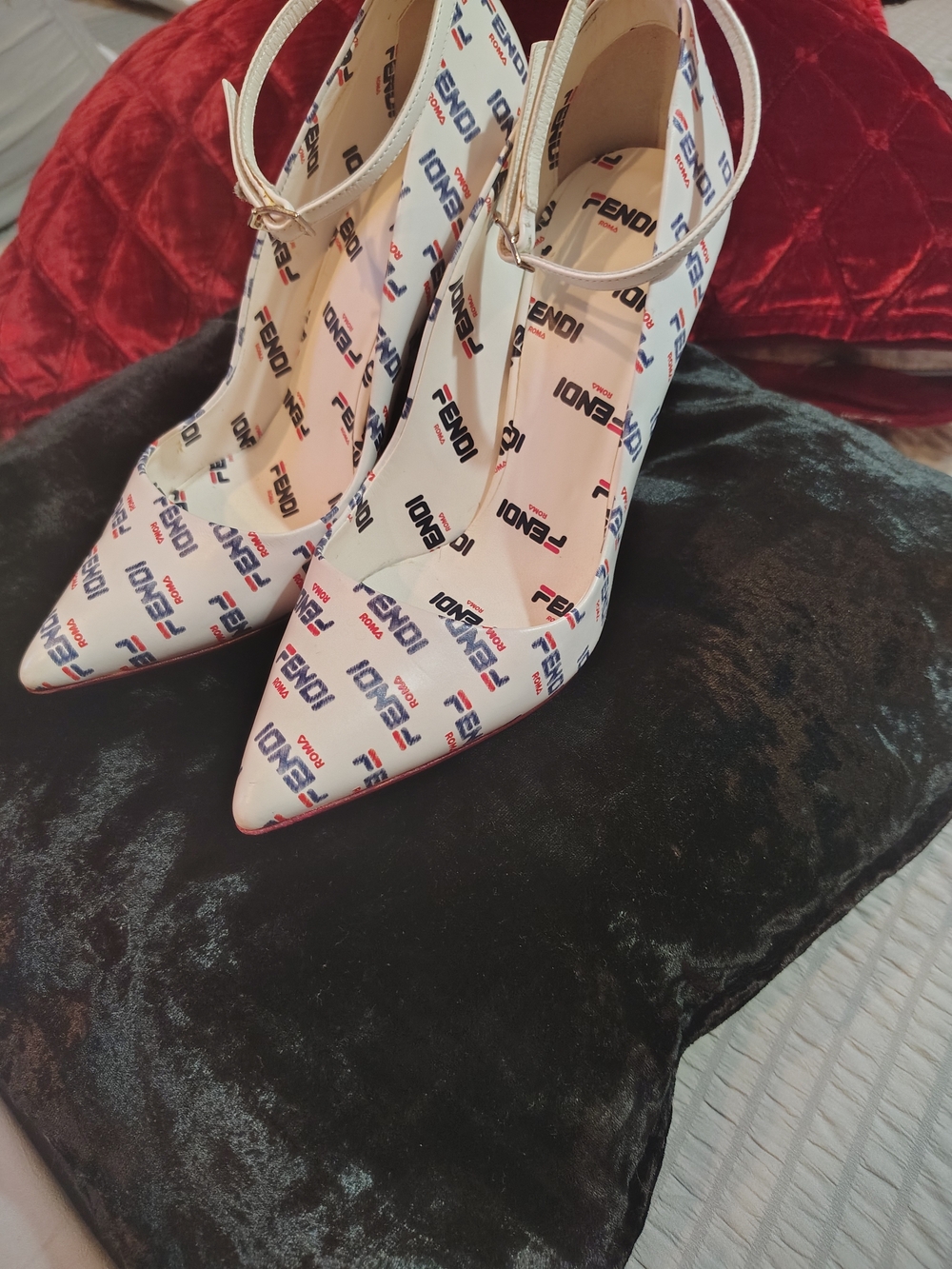 Fendi White Logo-Print Pointed Toe Ankle-Strap Heels
